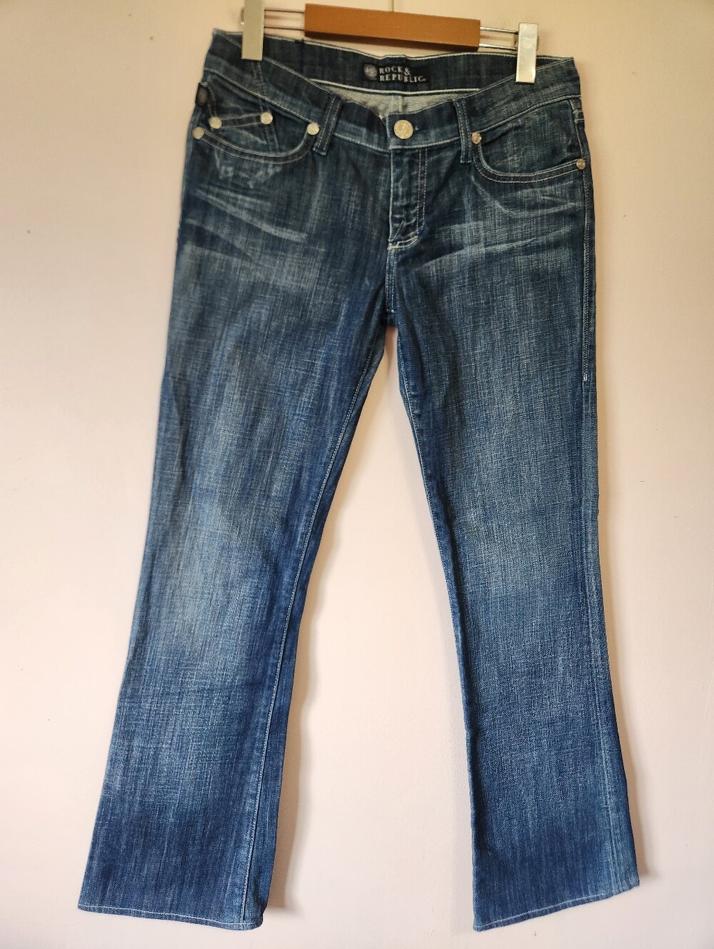 ​Rock & Republic Kurt Y2K Low Rise Bootcut Flare Blue Distressed Denim Jeans 28
